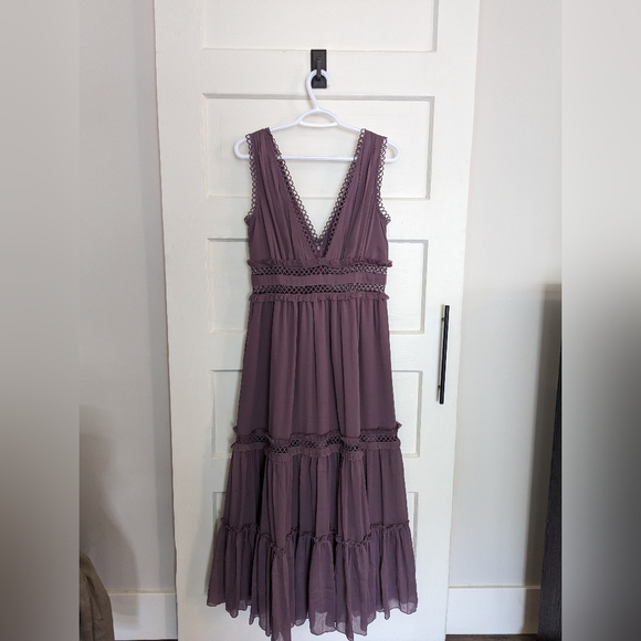 ASOS DESIGN lace insert midi dress with ruffle detail in mauve - Picture 5 of 7